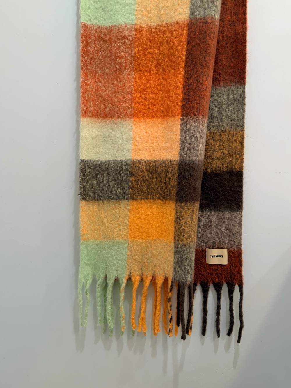 Steve Madden Multicolor Plaid Oversized Fringe Scarf Wrap Orange Brown Mint Boho - Picture 2 of 9